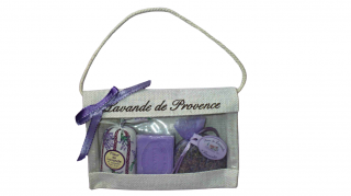 Dárkový set Lavande de Provence ve vyšívané jutové taštičce (Dárková sada mýdlo, vonný pytlíček s levandulí.)