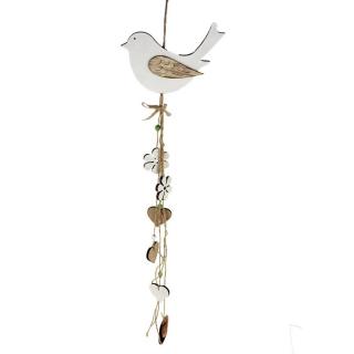 Dekorační dřevěný ptáček na zavěšení 80cm (Ptáček dřevěný závěs s korálky a srdíčky. Rozměr 13x16,5x80cm)
