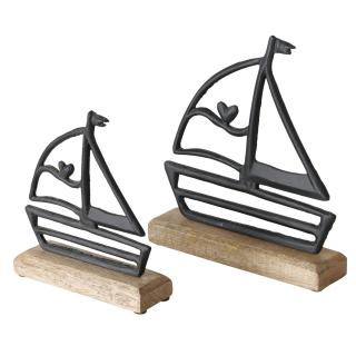 Dekorační loďky kov/dřevo sada 2ks (Sada 2ks loděk, materiál kov/dřevo. Výška 18 a 23 cm.)