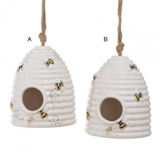 Domeček pro ptáčky motiv včel 2 druhy (Dekorace domeček se včelami, 2 druhy, materiál kamenina.)