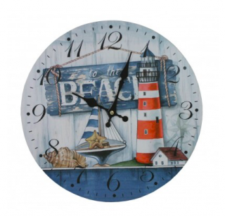 Hodiny BEACH pr. 34 cm (Nástěnné hodiny v námořnickém stylu s majákem o průměru 34 cm.)
