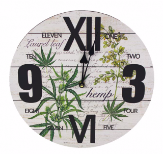 Hodiny bylinky pr.34cm (Stylové nástěnné hodiny s motivem bylinek a originálními číslicemi o průměru 34 cm. Napájení na 1 tužkovou baterii (1,5V AA), která není součástí balení.)