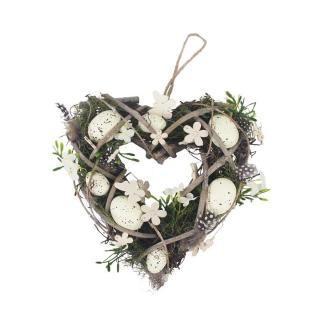 Jarní dekorace proutěné srdce s vajíčky  (Krásná jarní dekorace věnec z proutí ve tvaru srdíčka s vajíčky, na zavěšení. )
