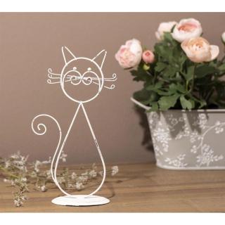 Kočka dekorace kovová na postavení (Figurka kočky, kovová dekorace na postavení v bílém provedení (patina). Rozměr 12x6x21,5cm.)