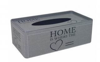 Krabička na kapesníčky Home (Plechová krabička na kapesníčky s nápisem Home o rozměru 21,5 x 12 x 7 cm.)