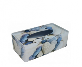 Krabička na kapesníčky kameny (Plechová krabička na kapesníčky s motivem oblázků ve tvaru srdíček o rozměru 21,5 x 13 x 7 cm.)