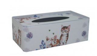 Krabička na kapesníčky kočičky (Plechová krabička na papírové kapesníčky s motivem kočiček. Rozměr 21,5 x 13 x 7 cm. )