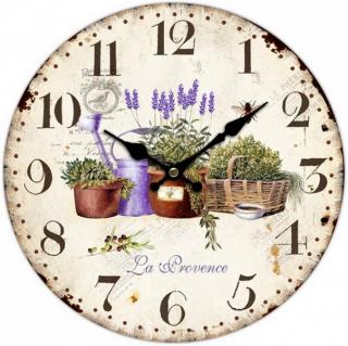 Nástěnné hodiny La Provence pr.34cm (Hodiny s motivy levandule, květináči a nápisem La Provence.)