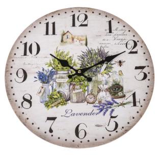 Nástěnné hodiny levandule Lavender s vázami (Dřevěné nástěnné hodiny s motivem levandule, levandulových kytiček ve vázách a nápisem Lavender. Průměr 33,8 cm.)