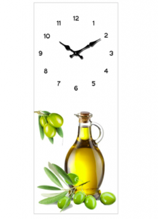 Nástěnné skleněné hodiny Olivy 50 x 20 cm (Originální hodiny s olivami a skleněnou lahvičkou s olivovým olejem)