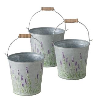 Sada kbelíků s levandulí 3ks plech (Sada 3ks obalů na květiny s úchytkou, motiv levandule.)