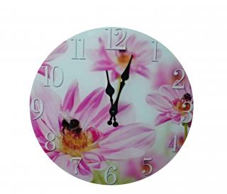 Skleněné hodiny čmelák na květině pr.34cm (Nástěnné skleněné hodiny s květinami. Průměr hodin je 34 cm.)
