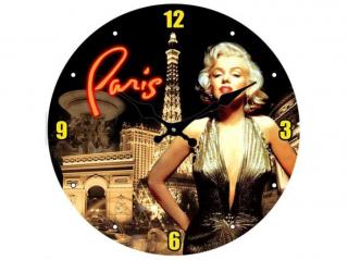 Skleněné hodiny Paříž Marilyn Monroe (Nástěné skleněné hodiny s motivem ikon Paříže a Marilyn Monroe. Průměr 34 cm.)