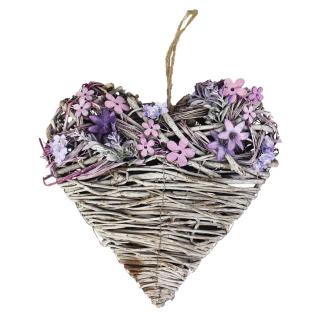 Srdce na zavěšení s fialovými květy  (Proutěné srdíčko na zavěšení ozdobené fialovými květy. )