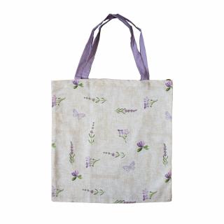 Taška levandule látková bavlněná 40x42cm (Bavlněná nákupní táška s levandulí a fialovými poutky o rozměru 40 x 42 cm.)