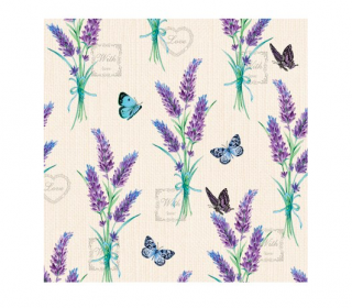 Ubrousky levandule love 33x33cm 20ks (Kvalitní papírové 3-vrstvé ubrousky s krásným levandulovým motivem levandulových kytiček a motýlků. Rozměr 33x33cm(po rozložení), balení 20ks.)