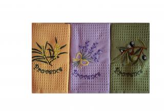 Utěrky Provence sada 3ks barevné (olivy,rakytník,levandule) (Sada 3 Utěrek s nápisy Provence - 100% bavlna. Motiv rakytníku, levandule a oliv)
