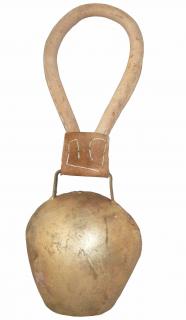 Zvonec kravský zlatý (Kravský zvonec zlatý s koženým poutkem z umělé kůže o rozměru 11 x 6,5 cm. )