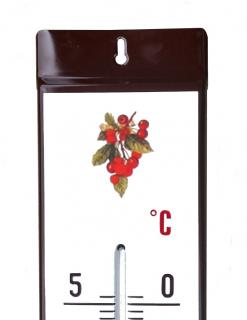 Venkovní teploměr smaltovaný, Hnědobílý 860x140 mm, Motiv Třešně
