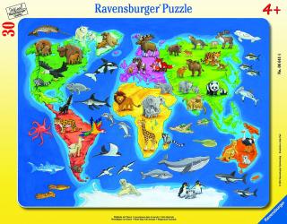 Mapa světa se zvířaty - puzzle - 30 dílků