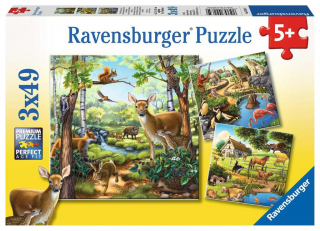 Zvířata v lese, zoo a domácí zvířata - puzzle - 3 x 49 dílků