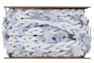 Pletená šňůra bílá s modrými hvězdičkami 1m (80% bavlna, 20% polyester)