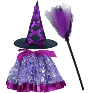 Knoki Karnevalový kostým čarodějnice fialová (&lt;P&gt;Kostým čarodějnice&amp;nbsp;je ideální na maškarní ples, tematickou párty nebo Halloween. Obsahuje tylovou sukni, klobouk a koště. Akcenty kostýmu ve fialové barvě. Materiál: polyester, bavlna, plast.