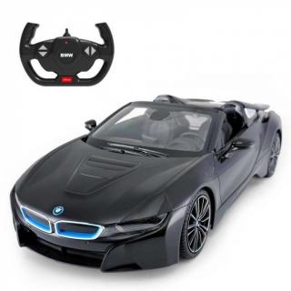 Rastar RC BMW i8 1:12 metalická černá (Rastar BMW i8 1:12, licence, LED, metalický lak, oranžové ráfky s gumovými pneumatikami, černé)