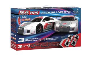 RE.EL Toys autodráha Audi R8 LMS GT3 1:43 3 metry, 3 sestavy, LED světla (Autodráha RE.EL Toys Audi R8 LMS GT31:43,délka 3 metry, 3 varianty okruhu, LED světla, počítadlo kol.)