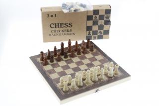 Šachy 24x24cm dřevěné v boxu, dáma, vrhcáby 3v1