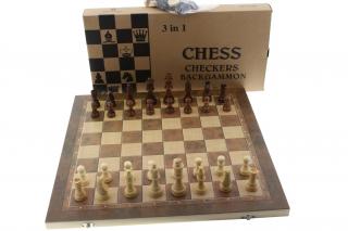 Šachy 44x44cm dřevěné v boxu, dáma, vrhcáby 3v1