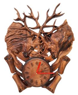 Dřevěné nástěnné hodiny, jelení hlavy (38 x 50 cm)