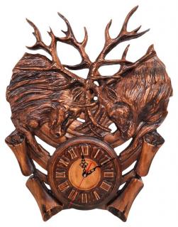 Dřevěné nástěnné hodiny, jelení hlavy (47x59)