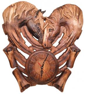 Dřevěné nástěnné hodiny, koňské hlavy (40x36)