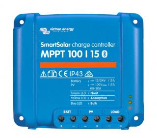 MPPT SMART regulátor Victron Energy 100/15 (Robustní a rychlý MPPT regulátor pro náročné podmínky s napětím panelů až 100V, maximální nabíjecí proud 15 A. Baterie 12/24V, FV max 220/440Wp. Plná záruka 5 let. Integrovaný bluetooth.)