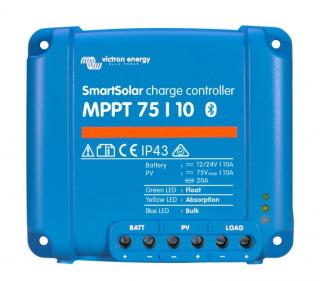 MPPT SMART regulátor Victron Energy 75/10 (Robustní a rychlý MPPT regulátor pro náročné podmínky s napětím panelů až 75 V, maximální nabíjecí proud 10 A. Baterie 12/24V, FV max 145/290Wp. Plná záruka 5 let. Integrovaný bluetooth.)