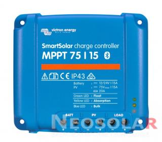 MPPT SMART regulátor Victron Energy 75/15 (Robustní a rychlý MPPT regulátor pro náročné podmínky s napětím panelů až 75 V, maximální nabíjecí proud 15 A. Baterie 12/24V, FV max 220/440Wp. Plná záruka 5 let. Integrovaný bluetooth.)