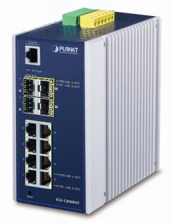 Planet IGS-12040MT, 8x 1000Base-T, 4x SFP, DIN, IP30, -40 až 75°C, WEB/SNMPv3, VLAN, IGMPv3, ESD+EFT, IPv6