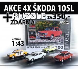 Sada 4x ŠKODA 105L (1977) 1:43  + PUZZLE Č. 24 (+ Puzzle č. 24 - Škoda120L (1979) 500 dílků)