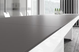 Jídelní stůl KOLOS 140 (černá mat/bílá lesk) (Moderní rozkládací jídelní / kancelářský stůl rozložitelný od 140-332cm v SUPER MATU)