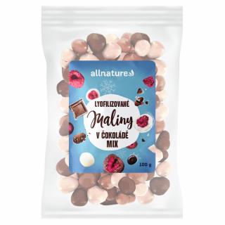 Allnature Mrazem sušené maliny Mix v mléčné, hořké a bílé čokoládě, 100 g