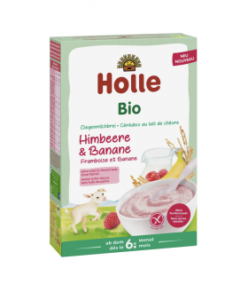 Holle Bio Kaše s kozím mlékem, malinami a banánem pro děti od 6. měsíce, 200 g