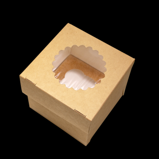 Papírová krabička EKO na muffiny 100x100x100 mm hnědá s okénkem bal/25 ks Balení: 25