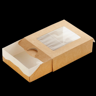 Papírový box / krabička EKO na jídlo 100x80x30 mm hnědý s okénkem ideal pack® bal/50 ks Balení: 250