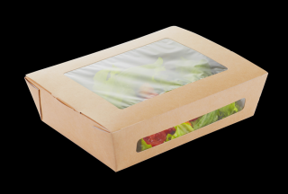 Papírový box / miska EKO na salát 150x115x50 mm hnědý s okénkem ba1/25 ks Balení: 125