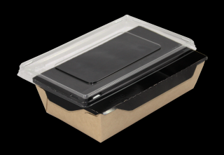 Papírový box / miska EKO na salát 207x127x55 mm hnědo-černý s transp. víčkem bal/50 ks