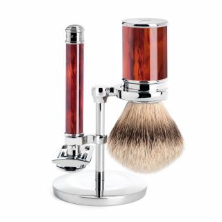 Sestava na holení Mühle Traditional - stojánek, strojek s uzavřenou hlavicí, štětka silvertip badger - želvovina