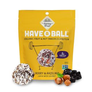 SUNNY FRUIT BIO Ovocné koule z datlí a višní s lískovými ořechy obalené v kokosu s proteinem BIO, 126g