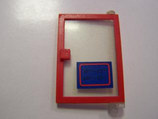 Lego Dveře 1 × 4 × 5 pravé s čirým sklem a nálepka otevírací doby červená