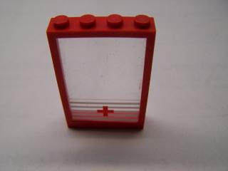Lego Okno 1 × 4 × 5 s pevným sklem nálepkou 5 pruhů a červeným křížem červená